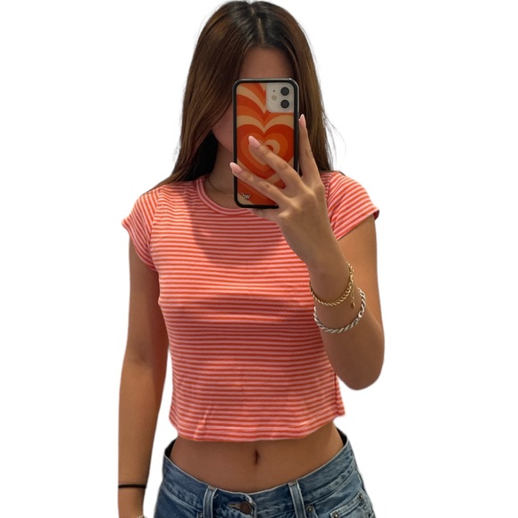 Brandy Melville pink and red striped baby tee - Picture 1 of 2